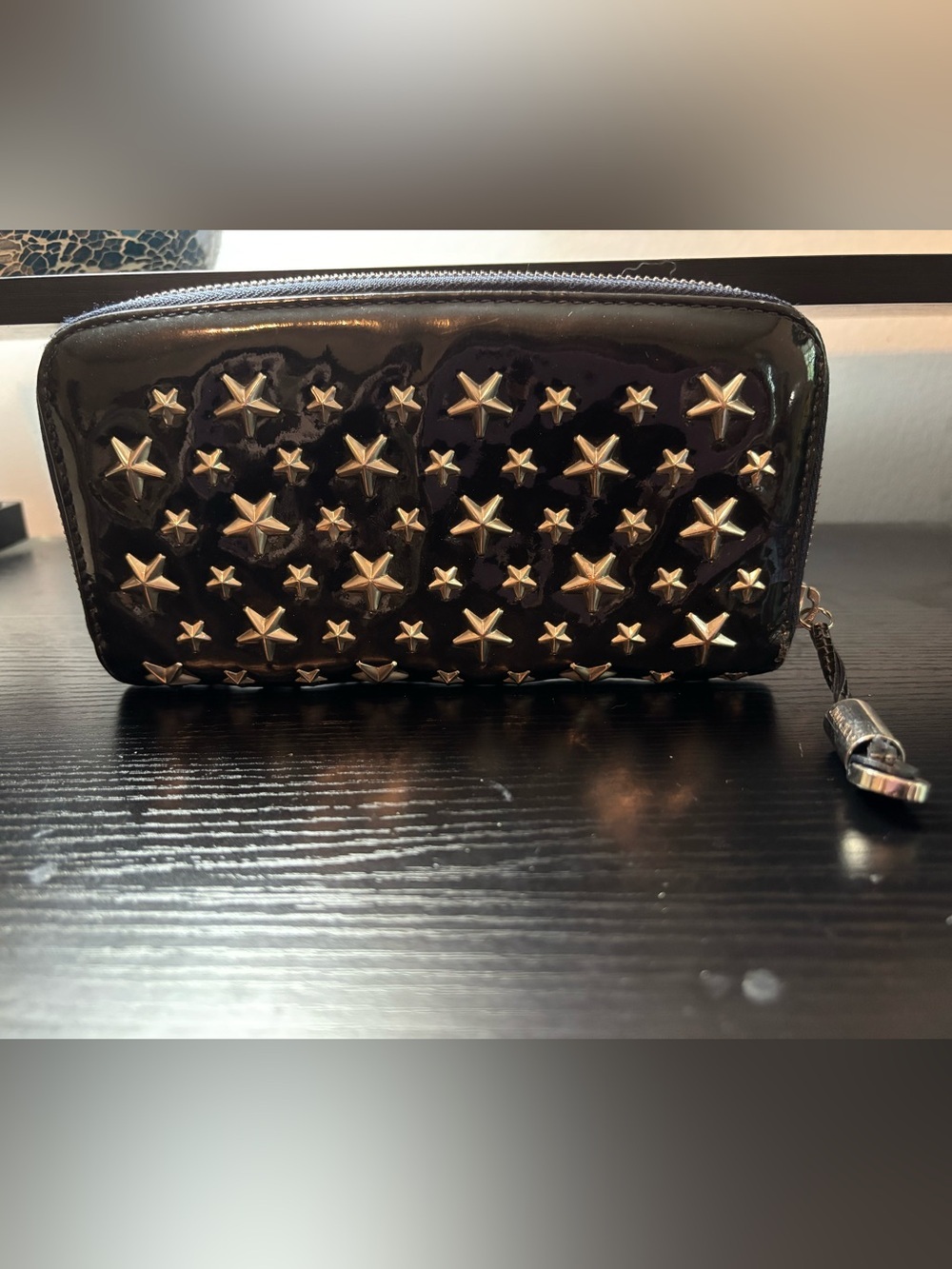 Authentic Jimmy Choo Filipa Star-Studded Patent Leather Zip-Around Wallet Black